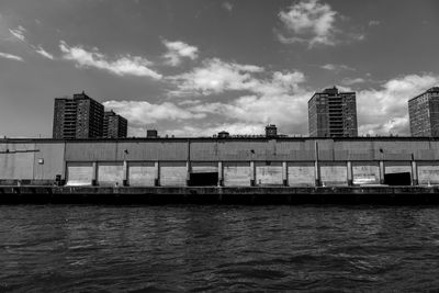 Bridge over river with buildings in background