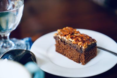 Close-up of cake served on table