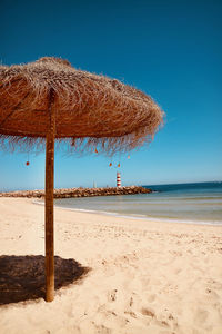 Sea shore against clear blue sky