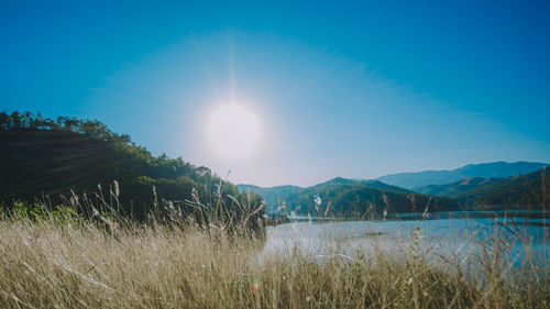 Scenic view of sea against bright sun