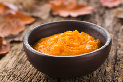 High angle view of soup in bowl on table