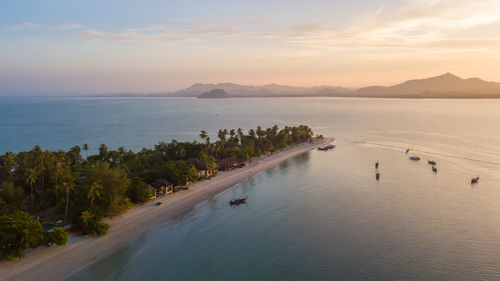 Aerial view of koh mook with beautiful sky and sunrise, in trang, thailand. 