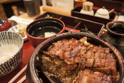 Close-up of meal served on table