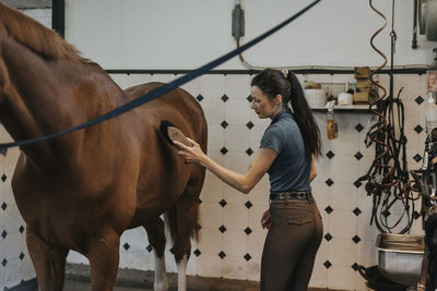 Woman in stables grooming horse with brush
