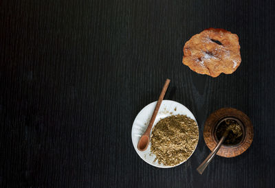 High angle view of breakfast on table