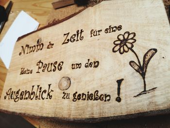 Close-up of text on table