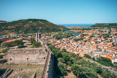 High angle view of townscape against clear sky