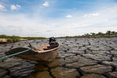 Boat on shore against sky