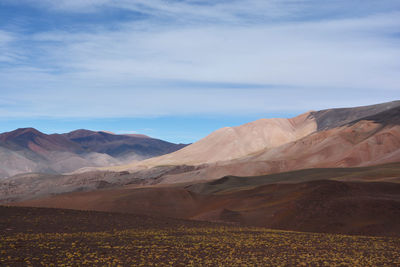 Scenic view of field and mountains against sky