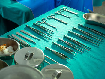 High angle view of dental equipment on table