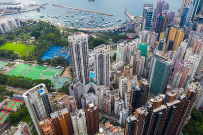 High angle view of modern buildings in city