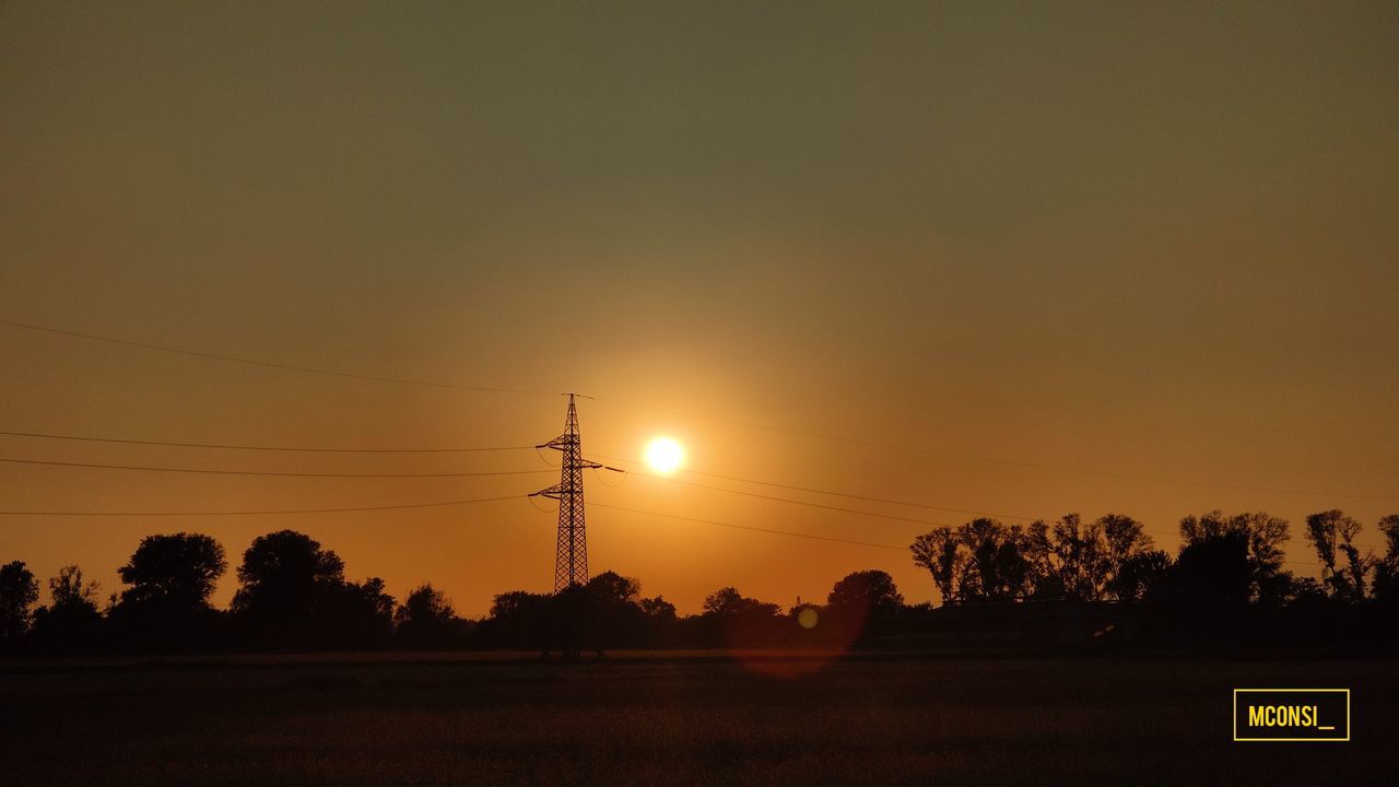 sky, sunset, electricity, tree, technology, nature, beauty in nature, electricity pylon, plant, cable, orange color, silhouette, power line, no people, tranquility, sun, scenics - nature, fuel and power generation, tranquil scene, landscape, power supply, outdoors