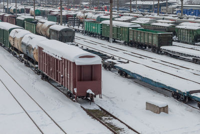 High angle view of train at railroad station during winter