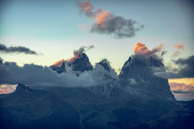 Scenic view of snowcapped mountains against sky during sunset