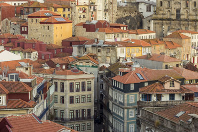 High angle view of houses in town