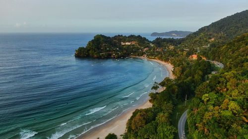 High angle view of bay against sky