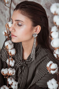 High angle view of woman wearing earring