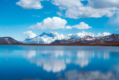Scenic view of lake and snowcapped mountains against sky