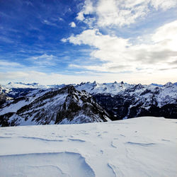 Scenic view of snowcapped mountains against sky