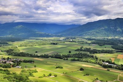 High angle view of agricultural field against sky