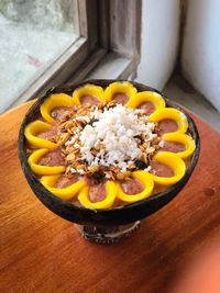 High angle view of breakfast on table