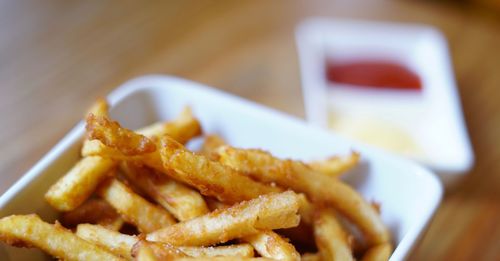 Close-up of pasta served on table