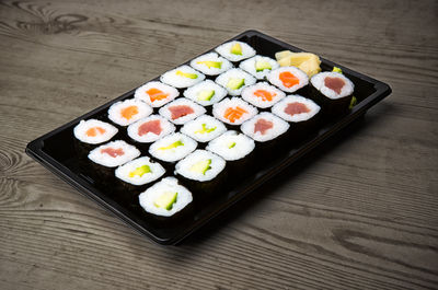 High angle view of sushi in plate on table