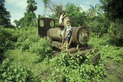 High angle view of man on road amidst trees in forest