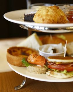 Close-up of various food in rack on table