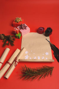 High angle view of christmas decoration on table