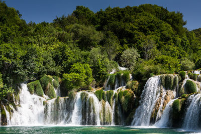 Scenic view of waterfall in forest against clear sky