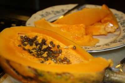 High angle view of papaya on table