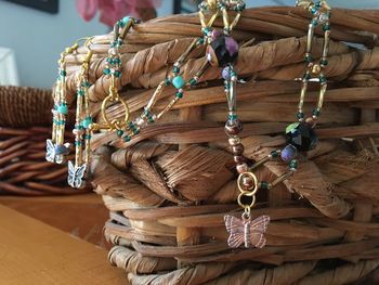 Close-up of clothes hanging on wood
