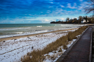 Scenic view of sea against sky during winter