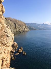 Scenic view of sea against clear blue sky