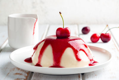 Close-up of strawberry cake in plate