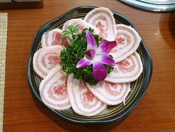 High angle view of food in plate on table