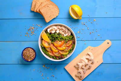 High angle view of meal served on table