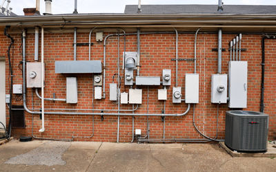 Brick wall with various electric boxes and meters