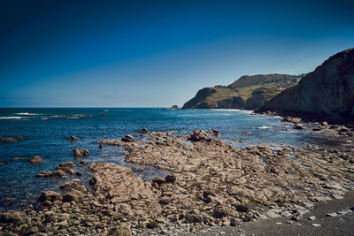 Scenic view of sea against clear blue sky