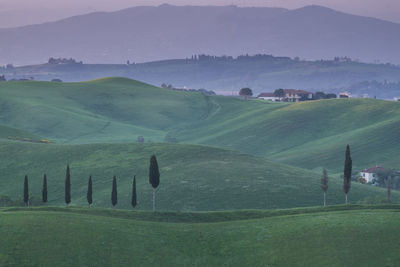 Scenic view of farm against sky