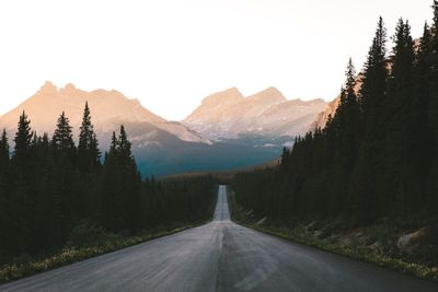 Scenic view of road amidst trees against mountains