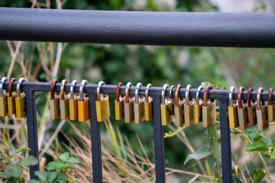 Close-up of padlocks on fence