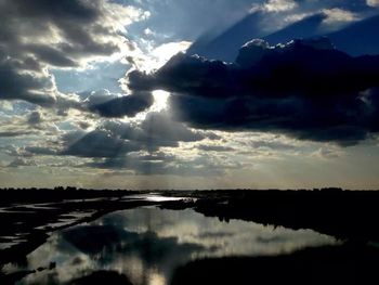 Scenic view of lake against cloudy sky