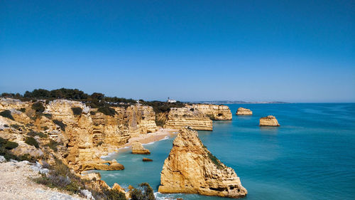 Panoramic view of sea against clear blue sky