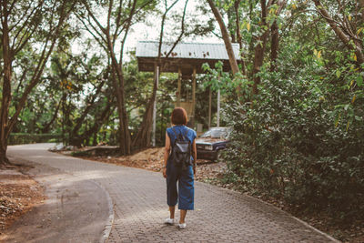 Rear view of woman walking on footpath amidst trees