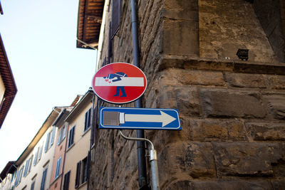 Low angle view of road sign against building