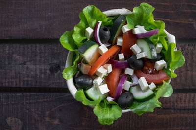 High angle view of salad in bowl on table