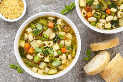 High angle view of soup in bowl on table
