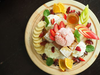 High angle view of dessert on table